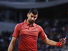 Novak Djokovi si vyítá nepovedenou výmnu v prvním kole Roland Garros.