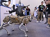 Návtvníci si prohlíejí bojového robotického psa bhem 9. výstavy vojenských...