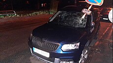 Po�kozené auto, do kterého v Brn� podnapilý vandal zapíchnul dopravní zna�ku....