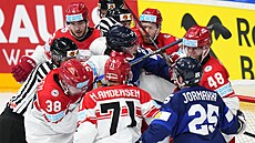 Poty�ka mezi hokejisty Finska a Dánska.