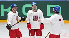 David Pastrák (vlevo), Roman ervenka a Pavel Zacha se radí na tréninku eské...