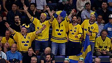 védtí fanouci povzbuzují svj tým bhem tvrtfinále proti Finsku.