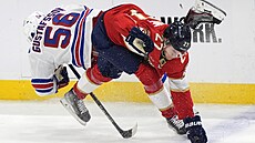 Erik Gustafsson (vlevo) z New York Rangers pi stetu s Eetem Luostarinenem z...