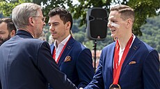 Slavnostní setkání eských hokejist s premiérem Petrem Fialou. Na snímku Jakub...