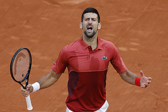 Srb Novak Djokovi� se raduje z postupu do �tvrtfinále Roland Garros.
