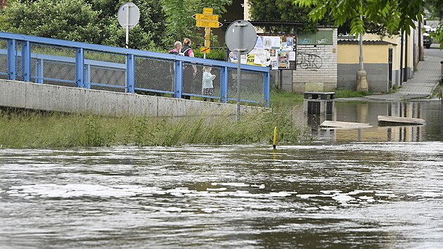 Kv�li vydatn�m sr�k�m a nasycen� p�dy prudce stoupla hladina �ek Radbuza a M�e v Plze�sk�m kraji. Na sn�mku rozvodn�n� Radbuza ve Sta�kov�. (2. �ervna 2024)