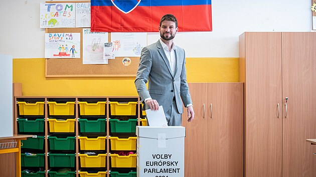 P�edseda strany Progresivn� Slovensko (PS) Michal �ime�ka p�i volb�ch do Evropsk�ho parlamentu (8. �ervna 2024)