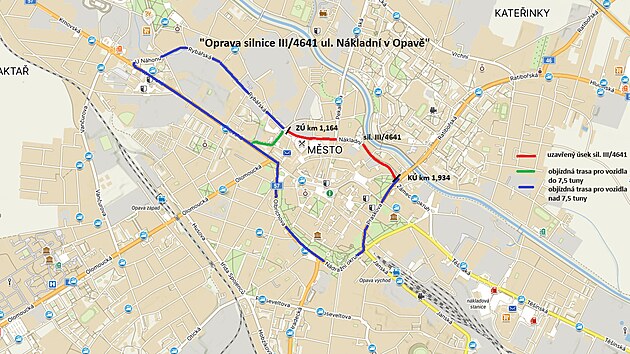 Situan mapka dopravnch opaten pi rekonstrukci ulice Nkladn v Opav (7. ervna 2024)