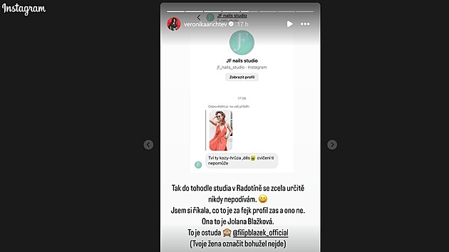 Veronika Arichteva zve�ejnila zpr�vu, kterou j� poslala man�elka herce Filipa Bla�ka, Jolana Bla�kov�. (4. �ervna 2024)