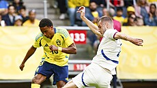 �védský úto�ník Niclas Eliasson (vlevo) st�ílí na srbskou bránu, atakuje ho...