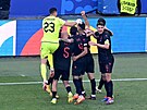 Albántí fotbalisté se radují z remízy 2:2 v utkání s Chorvatskem.