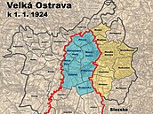 Mapka, kde jsou mode vyznaeny ásti Ostravy slouené ped sto lety do tzv....
