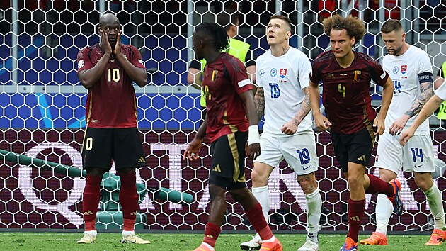 Belgický úto�ník Romelu Lukaku v zápase se Slovenskem.