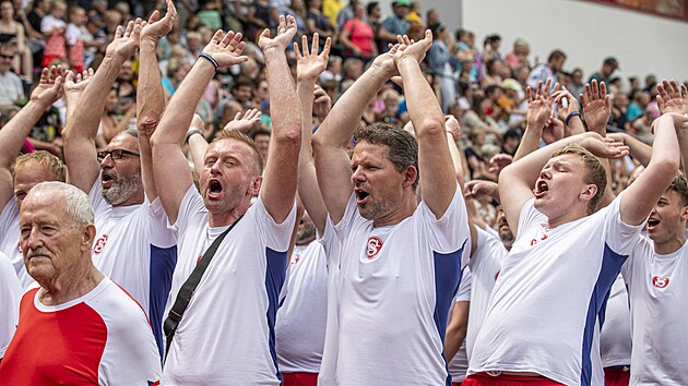 Jihomoravskho sletu v Brn se zastnilo piblin ti tisce sokol vech vkovch skupin. (9. ervna 2024)