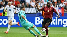 Slovenský branká Martin Dúbravka odkopává mí ped belgickým útoníkem...