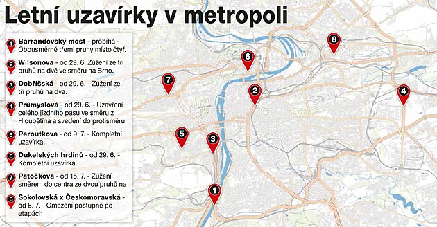 Mapa letnch uzavrek v Praze