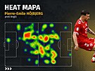 Dánský zálo�ník Pierre-Emile Höjbjerg a jeho heat mapa v utkání proti Anglii.