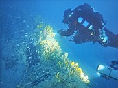 Technický potáp z Czech Diving Teamu ohledává trup ponorky