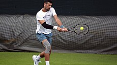 Novak Djokovi� b�hem tréninku ve wimbledonském areálu.