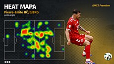Dánský zálo�ník Pierre-Emile Höjbjerg a jeho heat mapa v utkání proti Anglii.