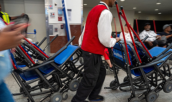 Pracovník tlaí vozíky spolenosti Southwest na letiti v Atlant. (28. ervna...