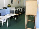 Volební místnost v prádeln v britském Oxfordu (4. ervence 2024)