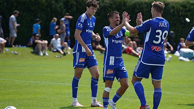 Jan Navr�til s kapit�nskou p�skou oslavuje se spoluhr��i svoji branku v...