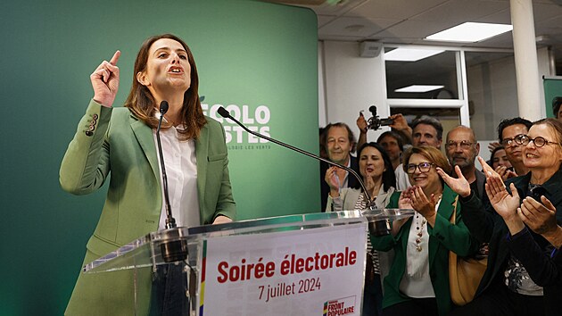 Pedsedkyn francouzskch Zelench Marine Tondelierov reaguje na vsledky druhho kola parlamentnch voleb. (7. ervence 2024)