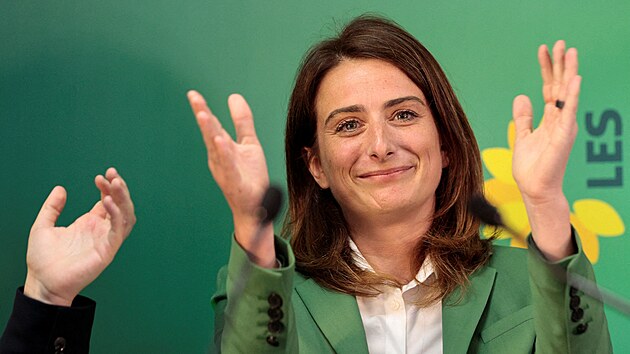 Pedsedkyn francouzskch Zelench Marine Tondelierov reaguje na vsledky druhho kola parlamentnch voleb. (7. ervence 2024)