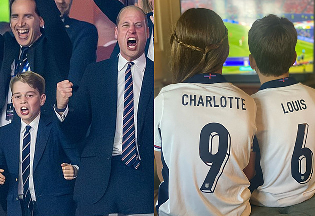 George si užíval fotbal na stadionu, Charlotte a Louis fandili u televize