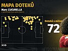 Mapa dotek� s mí�em �pan�lského obránce Marka Cucurelly v semifinále...
