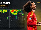 Heat mapa �pan�lského fotbalisty Marka Cucurelly. V jakých prostorech se...