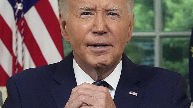 Americk prezident Joe Biden v televiznm projevu k nrodu z Ovln pracovny Blho domu. (14. ervence 2024)