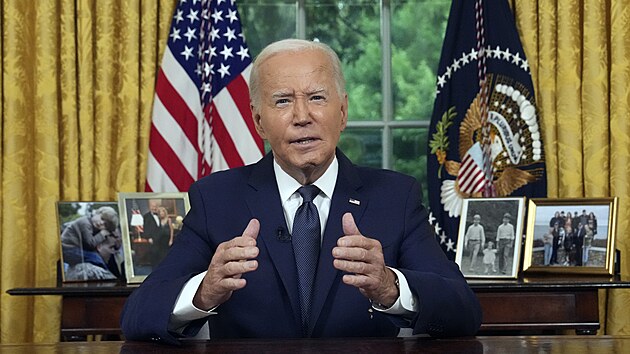 Americk prezident Joe Biden v televiznm projevu k nrodu z Ovln pracovny Blho domu (14. ervence 2024)