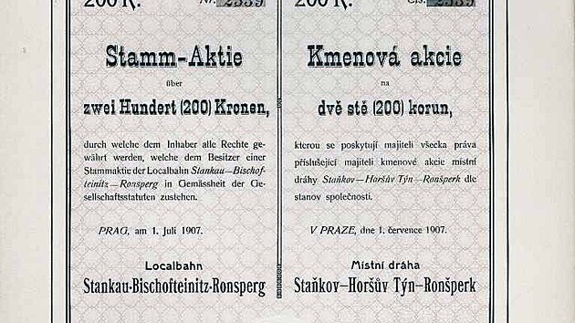 Akcie M�stn� dr�hy Sta�kov � Hor��v T�n � Ron�perk z roku 1907