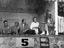 Enzo Fiermonte, Eva Marie Saint and Francoise Hardy wait in the pit in a scene...