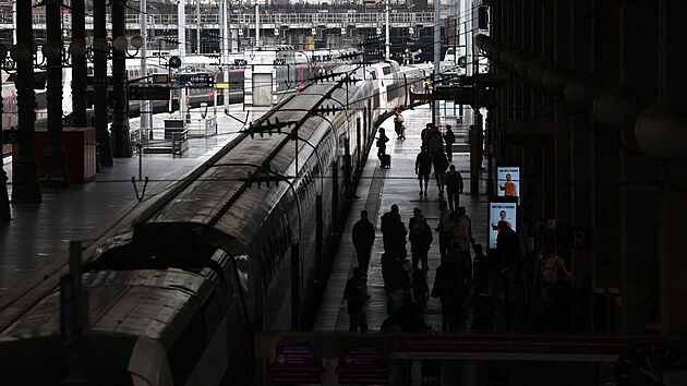 Celkov pohled na cestujc na ndra Gare du Nord po vhrkch proti francouzsk sti vysokorychlostnch vlak TGV. (26. ervence 2024)