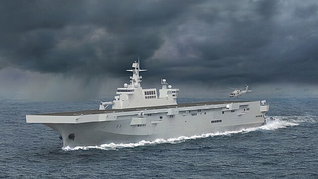 Digitln obrzek LHD Type 075, dobe ja vidt CIWS na pednm sponsonu, PLS HHQ-10 na zdi a vrtulnk Harbin Z-20.