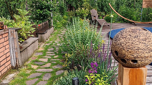 Cesta pod�l baz�nu, kter� jen tak p��jemn� �nosn� zar�st� travou.