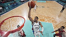 �ecký basketbalista Janis Adetokunbo sme�uje v utkání s Kanadou.