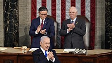 Izraelský premiér Benjamin Netanjahu bhem vystoupení v americkém Kongresu....