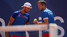 Tenisté Tomá� Machá� (vlevo) s Adamem Pavláskem ve �tvrtfinále �ty�hry na...