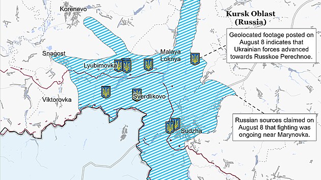 Ukrajinsk� vp�d do Kursk� oblasti na map� ISW z 8. srpna 2024