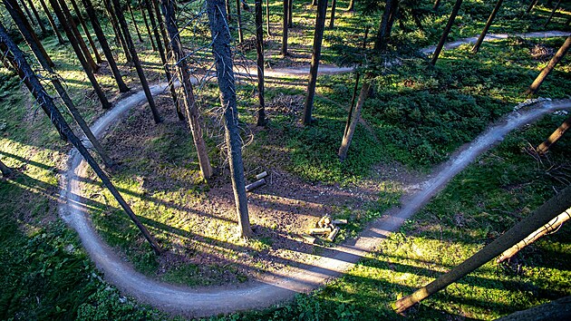 Singletrack se krout lesem a kon u doln stanice Promendn lanovky.