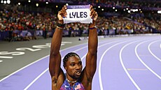 Ameri�an Noah Lyles se raduje z vít�zství ve sprintu na 100 metr�.