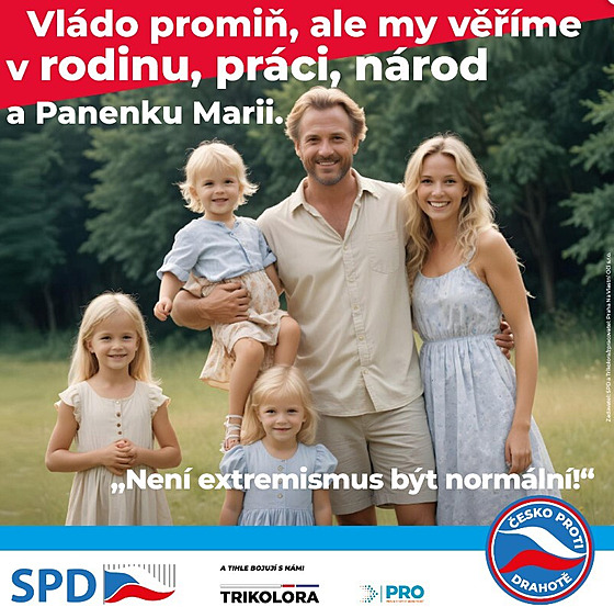 Hnutí SPD zveejnilo banner s ptilennou rodinou, piem nkteí lenové mají...