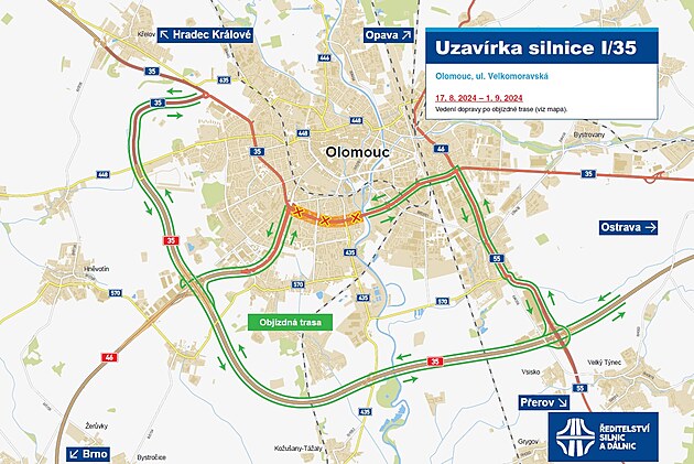 Mapa uzavené ásti prtahu Olomouce vedoucí Velkomoravskou ulicí a objízdných...