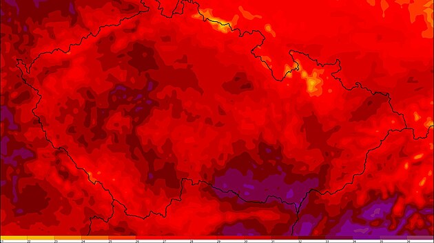 Maximln teploty ve 2 m v ter dle modelu Aladin.
(13. srpna 2024)
