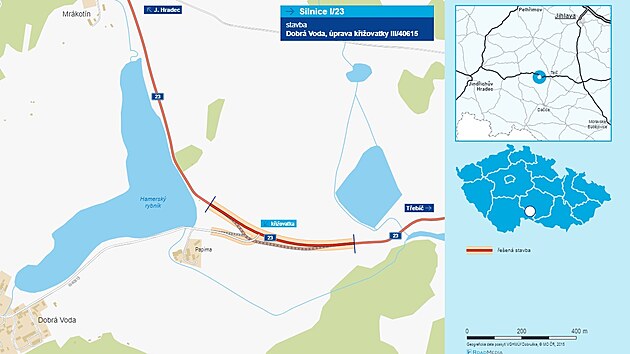 Mapa znzorujc chystanou pravu kiovatky u Mrkotna. Nebezpen sek nahrad nov peloka.