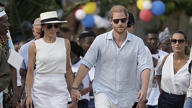 V�vodkyn� Meghan a princ Harry v San Basilio de Palenque b�hem n�v�t�vy Kolumbie (17. srpna 2024)